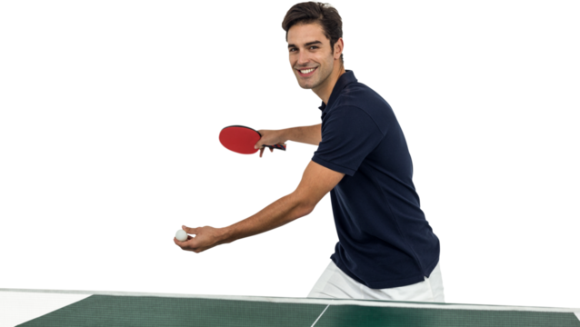Portrait of happy male athlete playing table tennis - Powered by Adobe