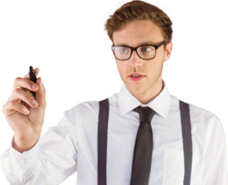 Geeky businessman writing with marker