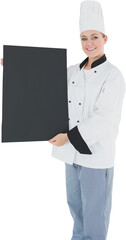 Female chef holding black billboard