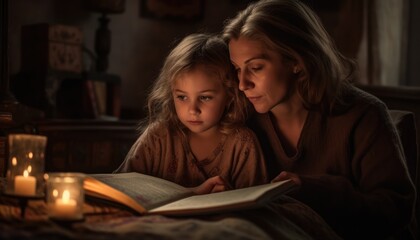 A moment of a mother and child cuddled up together reading a book, with soft lighting and cozy surroundings. Mother's Day. Generative AI