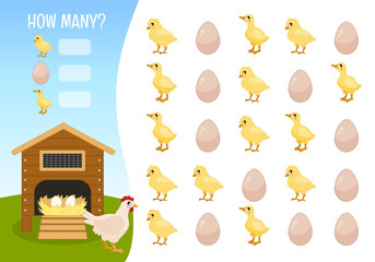 Counting educational children game, math kids activity sheet. How many objects task. Cartoon illustration of farm, hen, birdhouse and chickens.
