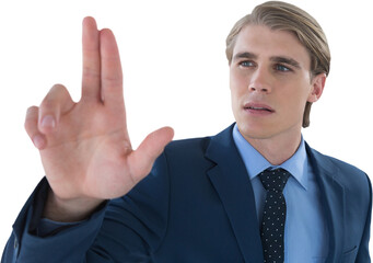 Young businessman touching invisible imaginary interface