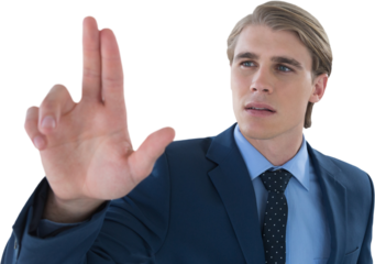 Young businessman touching invisible imaginary interface
