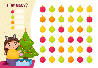 Fototapeta premium Counting educational children game, math kids activity sheet. How many objects task. Cartoon illustration of a cute girl decorating a Christmas tree. 