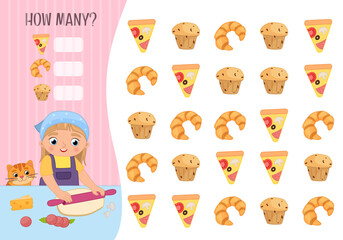 Counting educational children game, math kids activity sheet. How many objects task. Cartoon illustration of a cute girl rolls out pizza dough.
