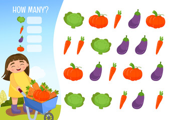Counting educational children game, math kids activity sheet. How many objects task. Cartoon illustration of a cute girl driving a wheelbarrow full of carrots.
