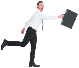 Happy businessman leaping with his briefcase