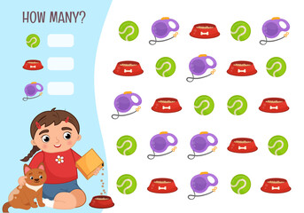 Fototapeta premium Counting educational children game, math kids activity sheet. How many objects task. Vector illustration of a cute girl feeding a dog. 