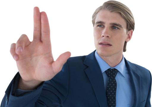 Young businessman touching invisible imaginary interface