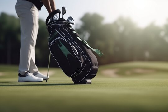 Golf Course Haven: A Scenic View of golf bag and golf equipment  - Generative Ai