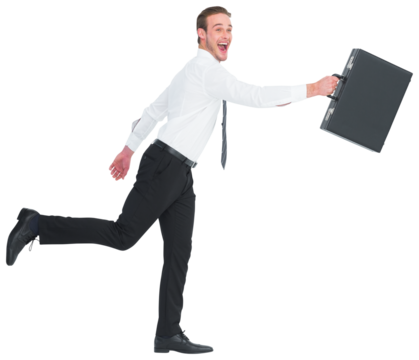 Happy businessman leaping with his briefcase