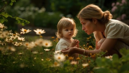 Mother and child spending quality time together in a natural setting, such as a park or garden. Mother's Day. Generative AI