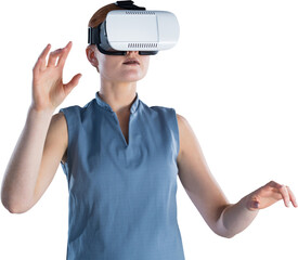 Young businesswoman gesturing while wearing virtual reality glasses