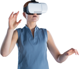 Young businesswoman gesturing while wearing virtual reality glasses