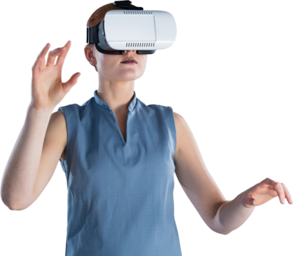 Young businesswoman gesturing while wearing virtual reality glasses