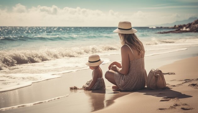 Mother and child enjoying a leisurely day at the beach, with the sea and sun providing a beautiful backdrop. Mother's Day. Generative AI