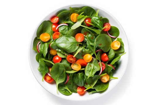 A top-down photograph of a spinach salad with vibrant tomatoes and a zesty dressing. Generative AI