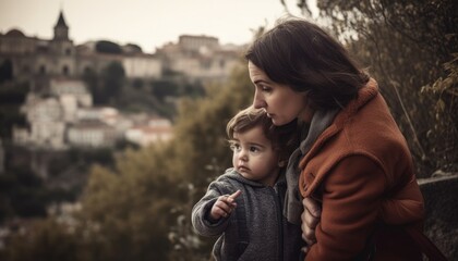 Mother and child exploring a new city or location together, with interesting sights and sounds in the background. Mother's Day. Generative AI