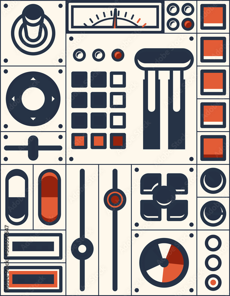 Poster retro dashboard with slider knobs, buttons, switch