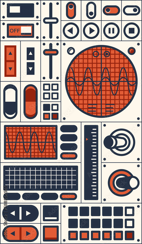 Poster retro dashboard display, switch, slider knobs
