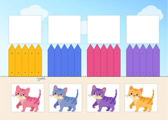 Matching children educational game. Cut out and glue cats in the correct place. Activity for pre sсhool years kids and toddlers.
