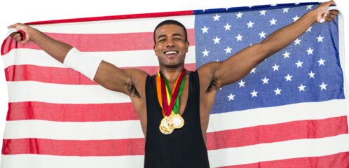 Athlete posing with gold medals after victory