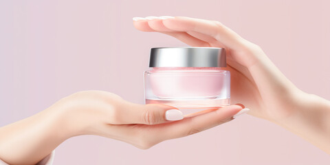 A jar of cream in the palm of a young woman. Well-groomed hands with Cosmetic cream container on a light background. Ad template for skin care product, jar mockup. 