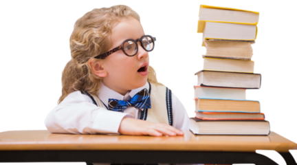 Surprise pupil looking at books