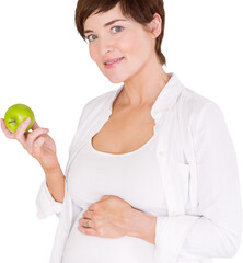 Portrait of pregnant woman holding green apple