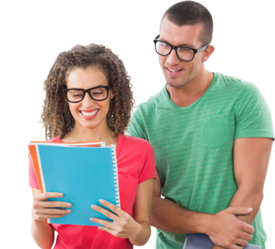 Smiling business people wearing glasses while reading notes