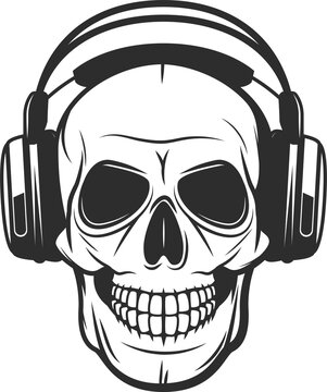 Human skull listening music in headphones icon