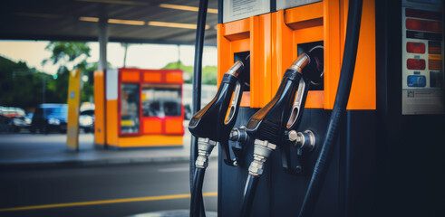 Gasoline inflation. Gas prices going up. Oil pumps at gas station, or petrol station. Hand edited generative AI  