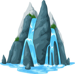 Cartoon mountain waterfall and water cascade jet