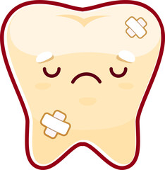 Cartoon sick tooth with patches sad character
