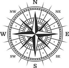 Old compass, vintage map wind rose vector sign
