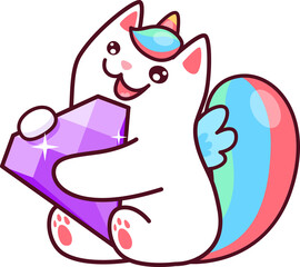 Cartoon kawaii caticorn with diamond cute unicorn