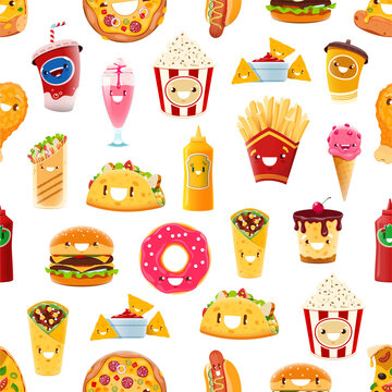 Cartoon fast food characters seamless pattern