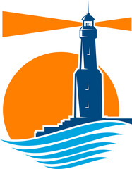 Lighthouse tower beacon in sea waves round icon