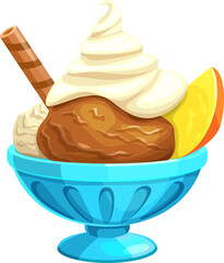 Cartoon ice cream in bowl with waffle and fruit