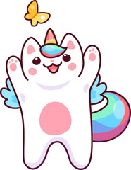 Caticorn kitten character playing with butterfly