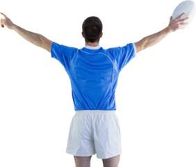 Rugby player gesturing with hands