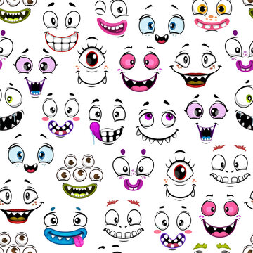 Scary or eerie cartoon face emoji seamless pattern