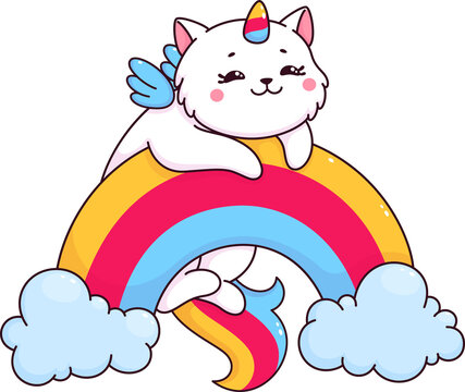 Cartoon cute caticorn funny character on rainbow