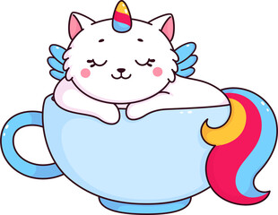 Cartoon cute caticorn character in tea cup, cat