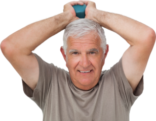 Portrait of a senior man holding dumbbell