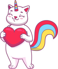 Cute cartoon caticorn character holding heart