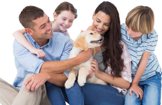 Family of four playing with dog - Powered by Adobe