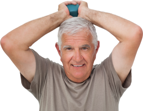 Portrait of a senior man holding dumbbell