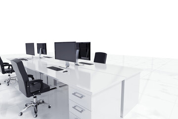 Empty chairs by computers on desk in office