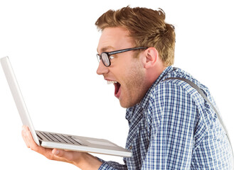 Geeky businessman using his laptop